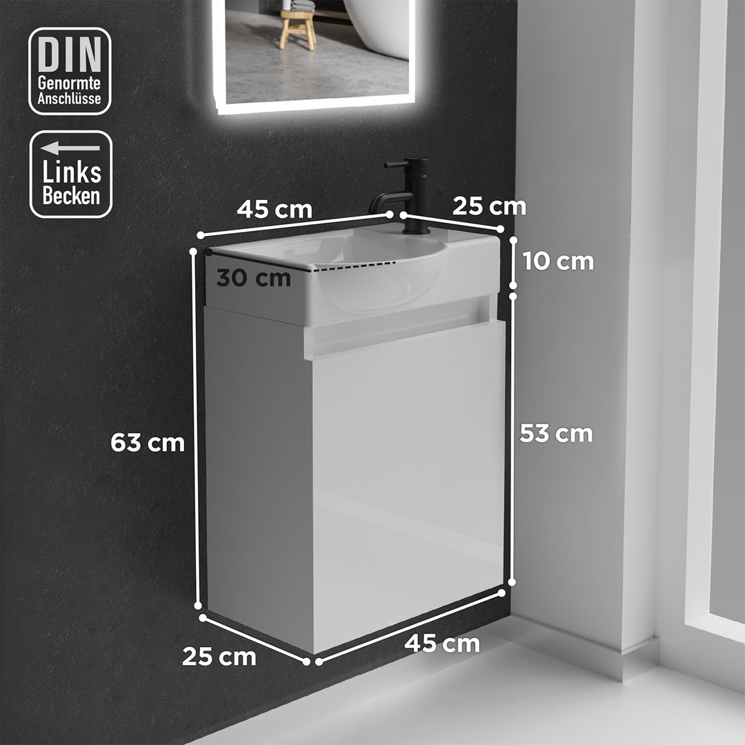 Alpenberger Keramik Waschbecken 45 cm mit Unterschrank | Badmöbel Set für Gäste WC | Links Weiss