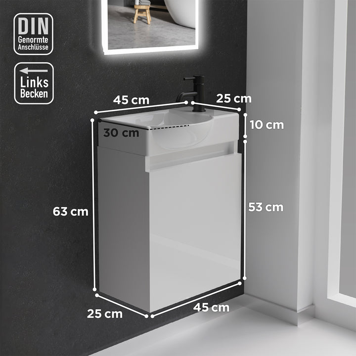 Alpenberger Keramik Waschbecken 45 cm mit Unterschrank | Badmöbel Set für Gäste WC | Links Weiss