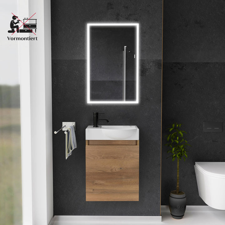 Alpenberger Keramik Waschbecken 45 cm mit Unterschrank | Badmöbel Set für Gäste WC | Rechts Bamboo