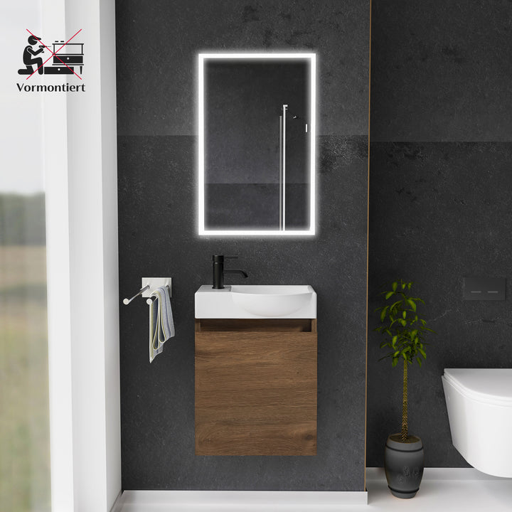 Alpenberger Keramik Waschbecken 45 cm mit Unterschrank | Badmöbel Set für Gäste WC | Rechts Eiche