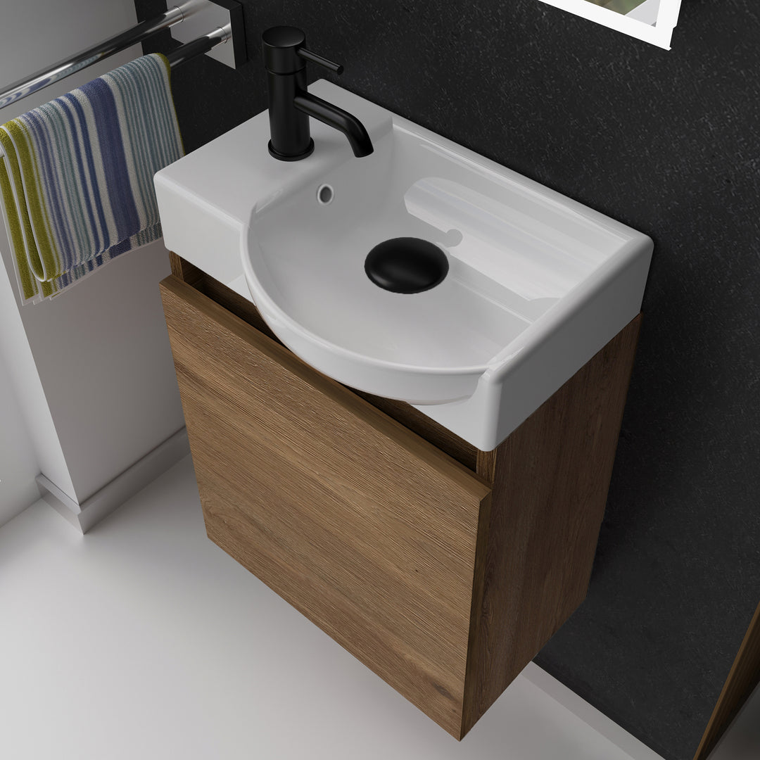 Alpenberger Keramik Waschbecken 45 cm mit Unterschrank | Badmöbel Set für Gäste WC | Rechts Eiche