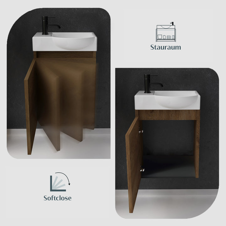 Alpenberger Keramik Waschbecken 45 cm mit Unterschrank | Badmöbel Set für Gäste WC | Rechts Eiche