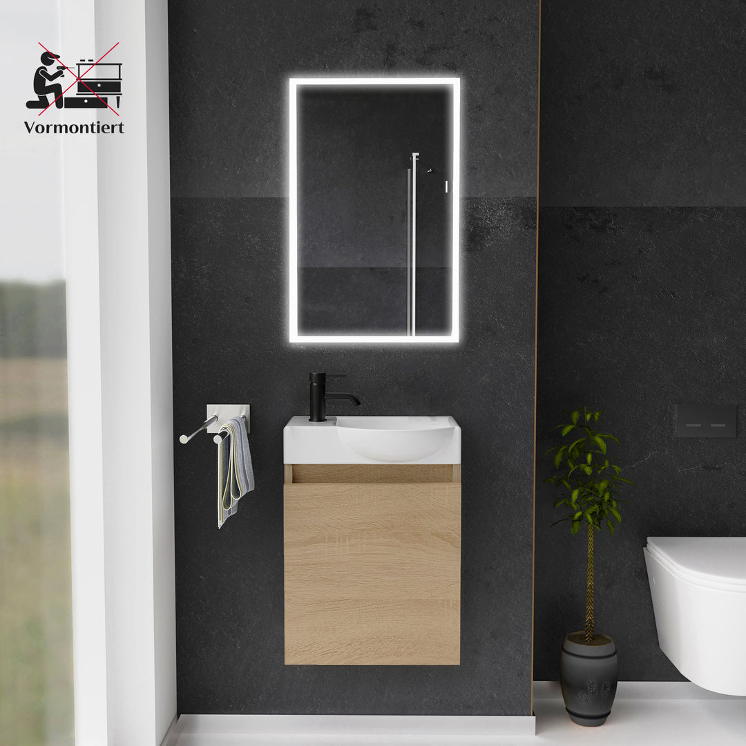 Alpenberger Keramik Waschbecken 45 cm mit Unterschrank | Badmöbel Set für Gäste WC | Rechts Eiche Hell