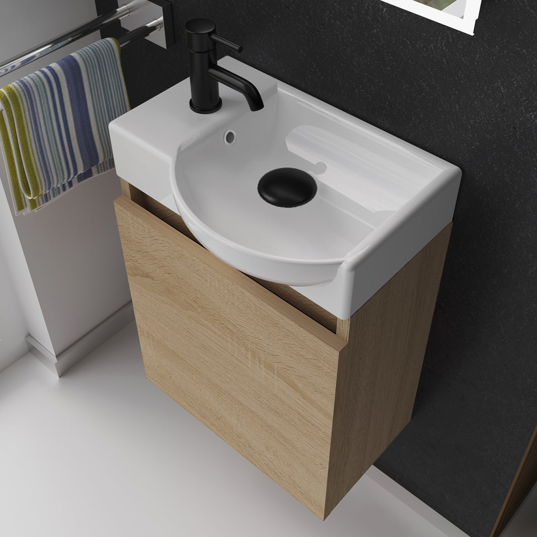 Alpenberger Keramik Waschbecken 45 cm mit Unterschrank | Badmöbel Set für Gäste WC | Rechts Eiche Hell