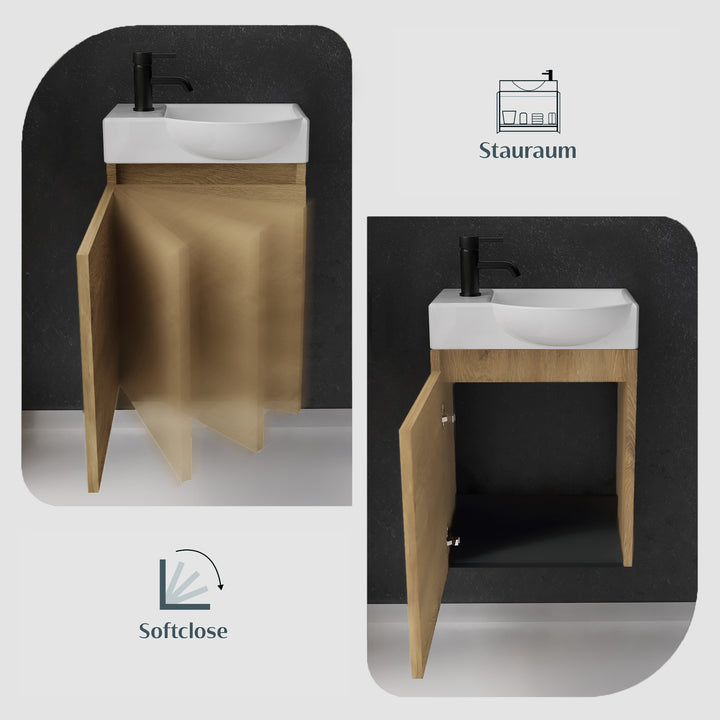 Alpenberger Keramik Waschbecken 45 cm mit Unterschrank | Badmöbel Set für Gäste WC | Rechts Eiche Hell