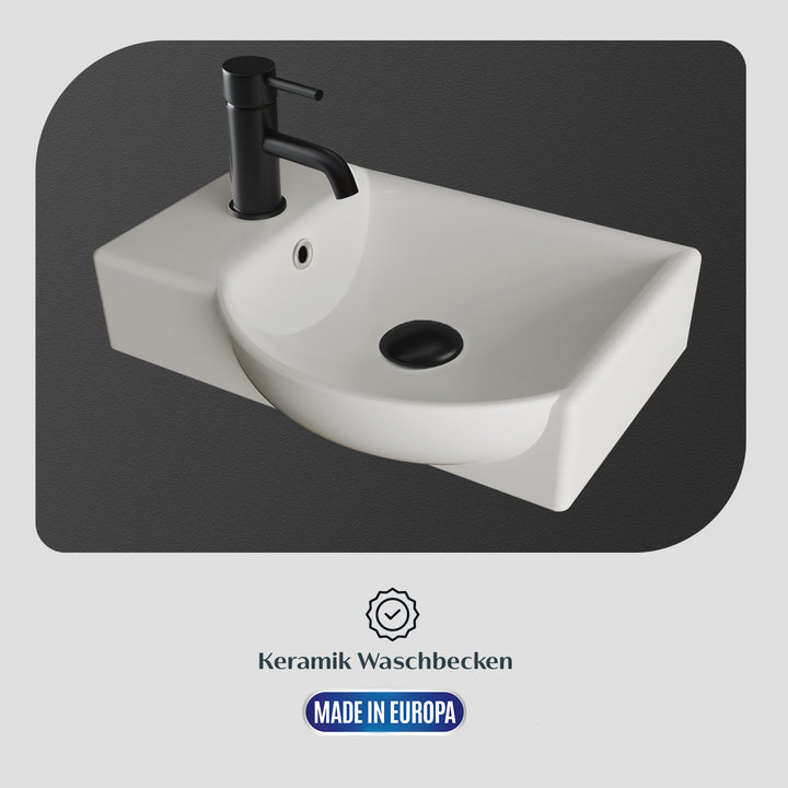 Alpenberger Keramik Waschbecken 45 cm mit Unterschrank | Badmöbel Set für Gäste WC | Rechts Eiche Hell
