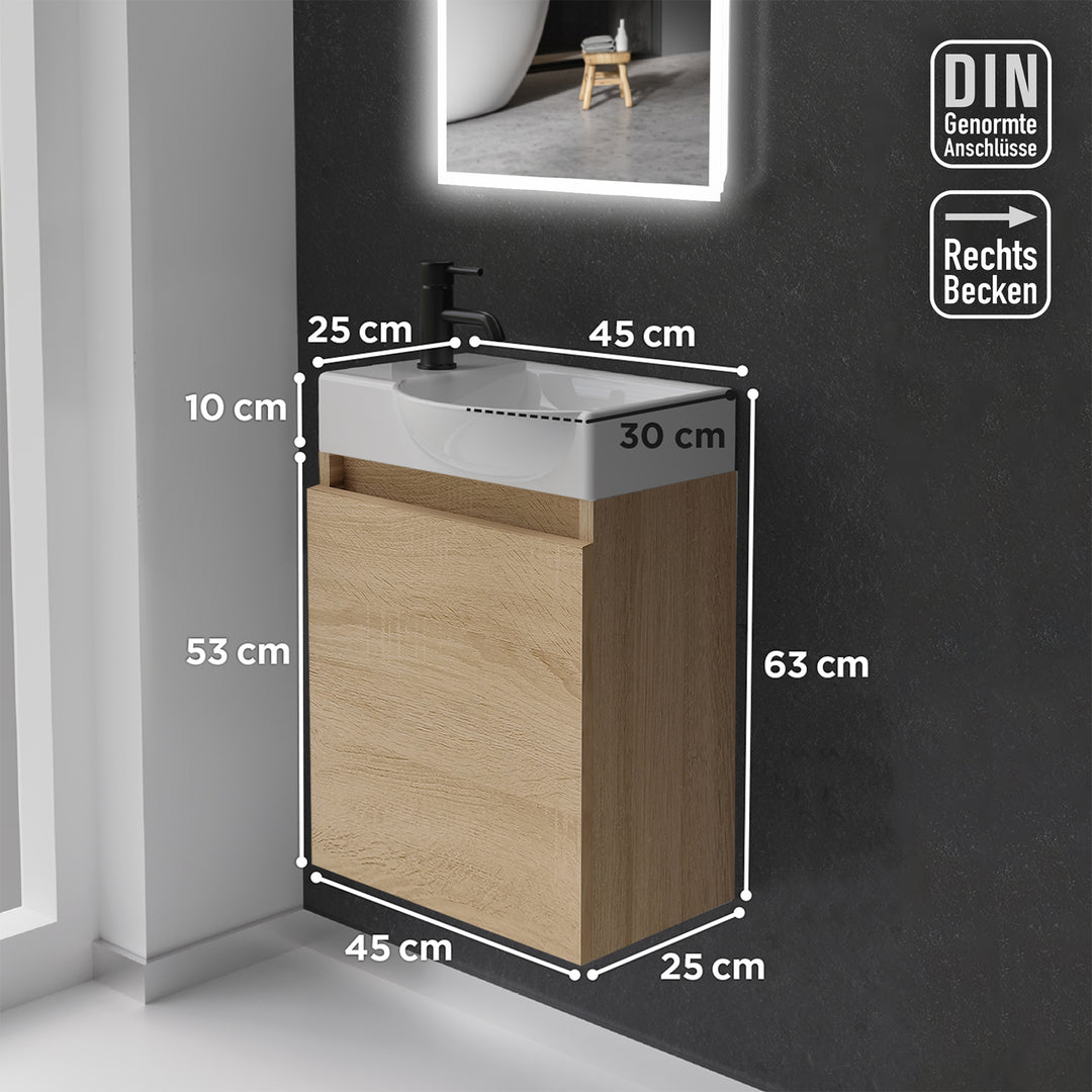 Alpenberger Keramik Waschbecken 45 cm mit Unterschrank | Badmöbel Set für Gäste WC | Rechts Eiche Hell