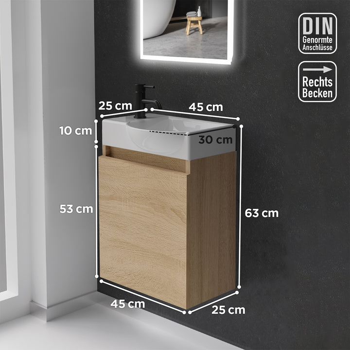 Alpenberger Keramik Waschbecken 45 cm mit Unterschrank | Badmöbel Set für Gäste WC | Rechts Eiche Hell
