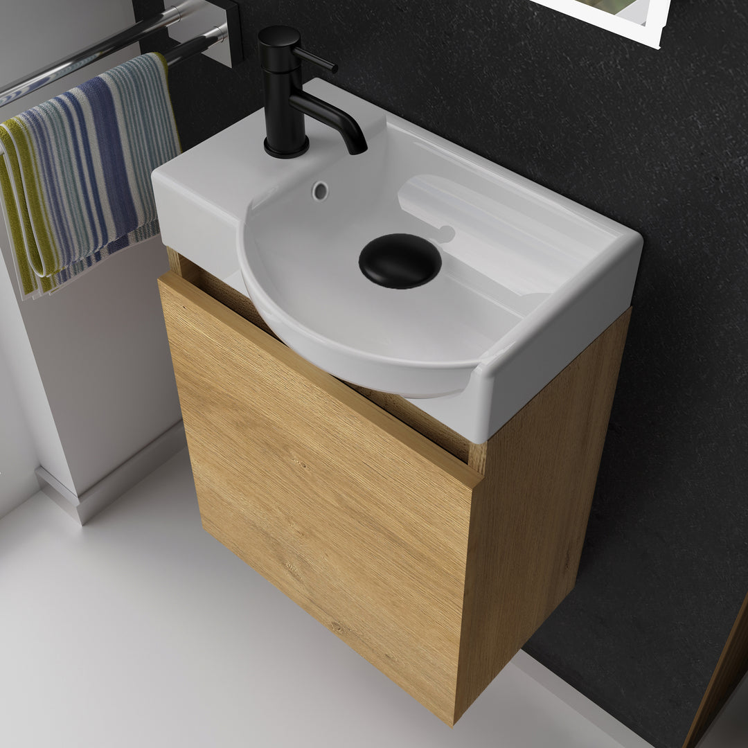 Alpenberger Keramik Waschbecken 45 cm mit Unterschrank | Badmöbel Set für Gäste WC | Rechts Eiche Natur