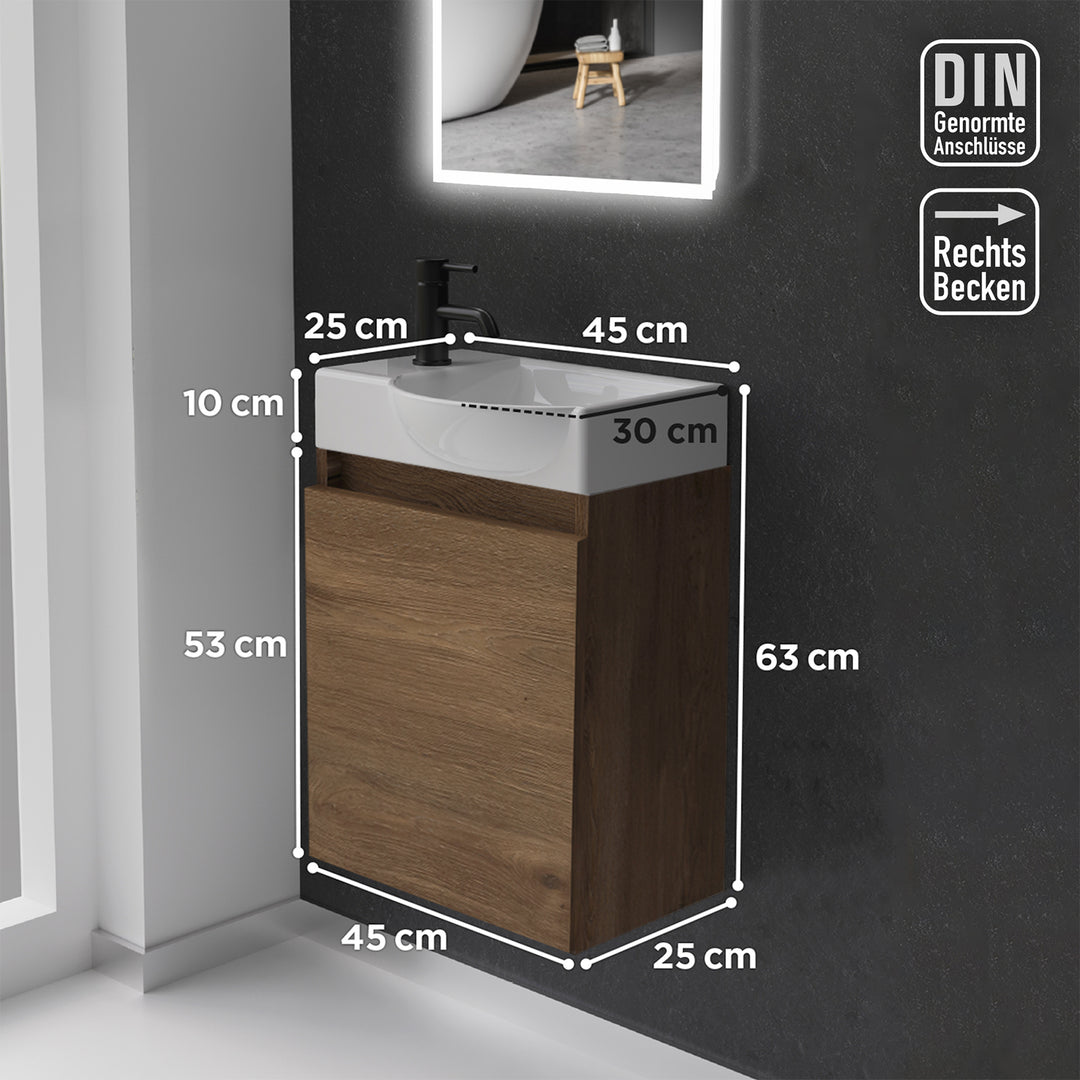 Alpenberger Keramik Waschbecken 45 cm mit Unterschrank | Badmöbel Set für Gäste WC | Rechts Eiche
