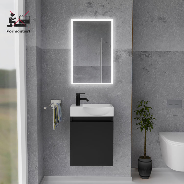 Alpenberger Keramik Waschbecken 45 cm mit Unterschrank | Badmöbel Set für Gäste WC | Rechts Schwarz Matt
