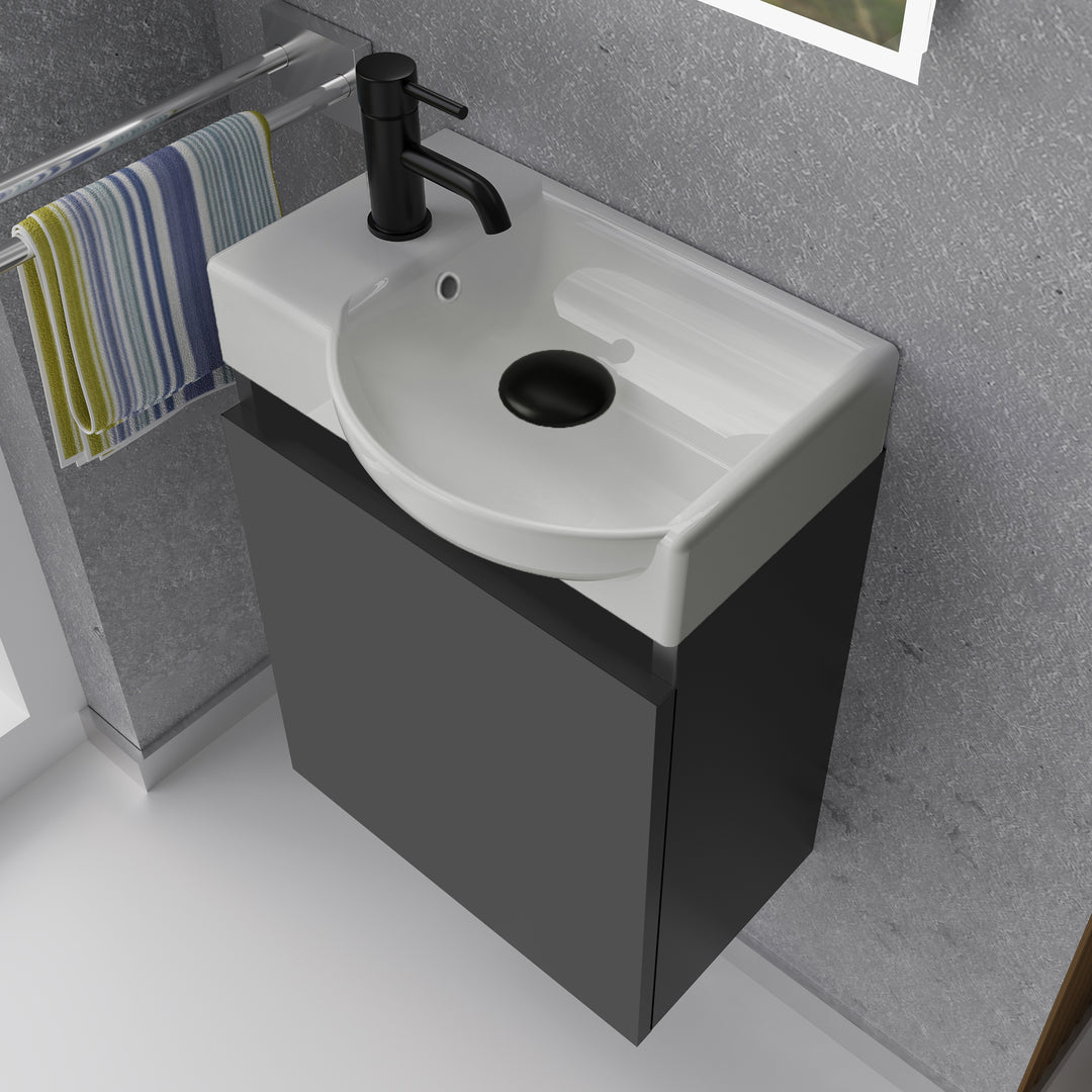 Alpenberger Keramik Waschbecken 45 cm mit Unterschrank | Badmöbel Set für Gäste WC | Rechts Schwarz Matt