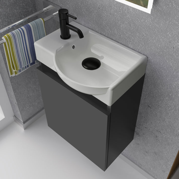 Alpenberger Keramik Waschbecken 45 cm mit Unterschrank | Badmöbel Set für Gäste WC | Rechts Schwarz Matt