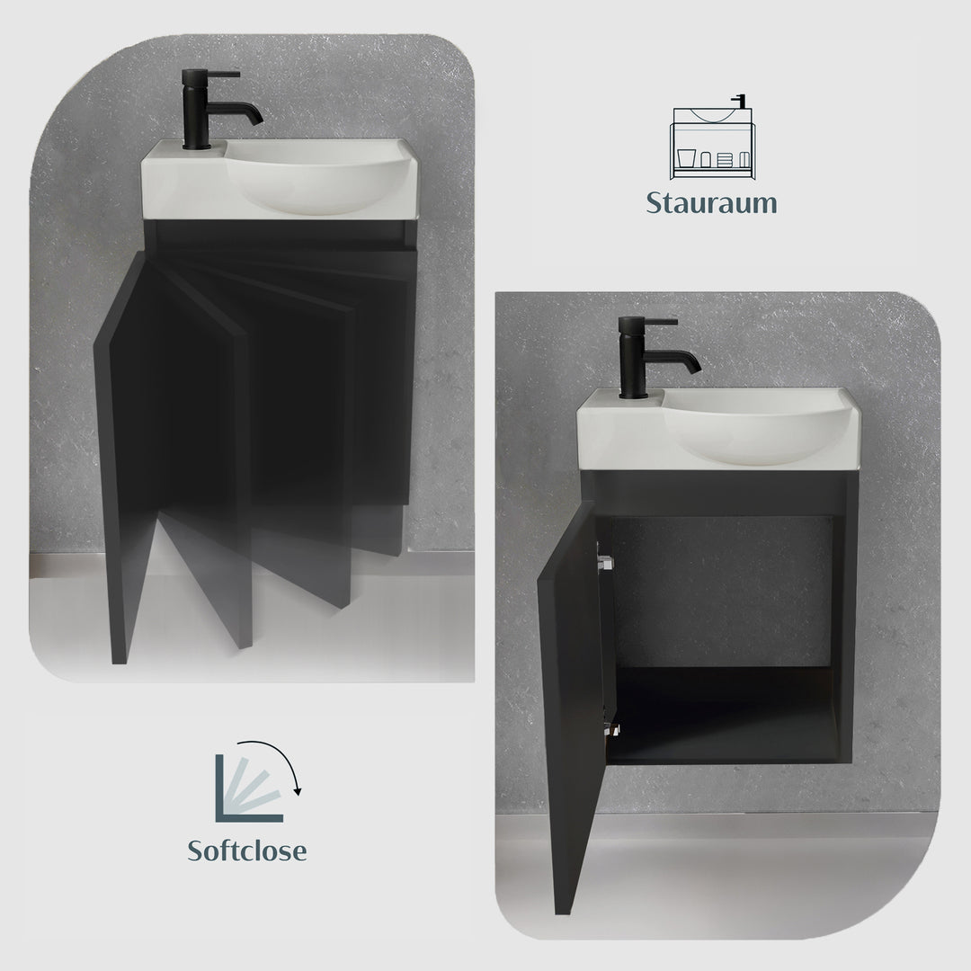 Alpenberger Keramik Waschbecken 45 cm mit Unterschrank | Badmöbel Set für Gäste WC | Rechts Schwarz Matt