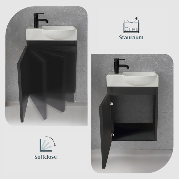 Alpenberger Keramik Waschbecken 45 cm mit Unterschrank | Badmöbel Set für Gäste WC | Rechts Schwarz Matt