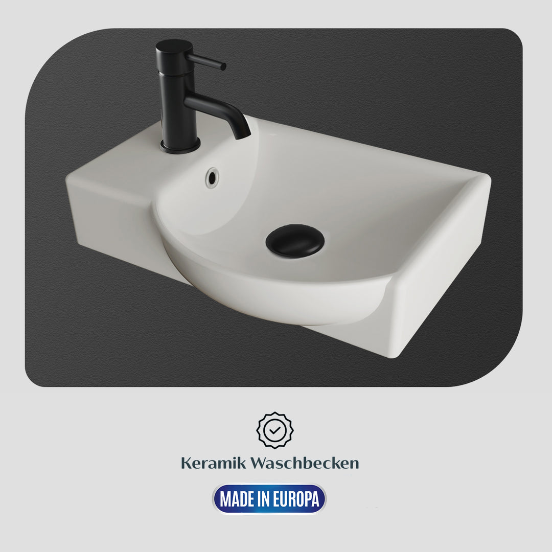 Alpenberger Keramik Waschbecken 45 cm mit Unterschrank | Badmöbel Set für Gäste WC | Rechts Schwarz Matt