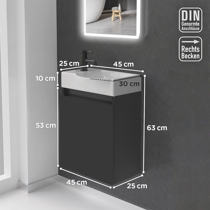 Alpenberger Keramik Waschbecken 45 cm mit Unterschrank | Badmöbel Set für Gäste WC | Rechts Schwarz Matt