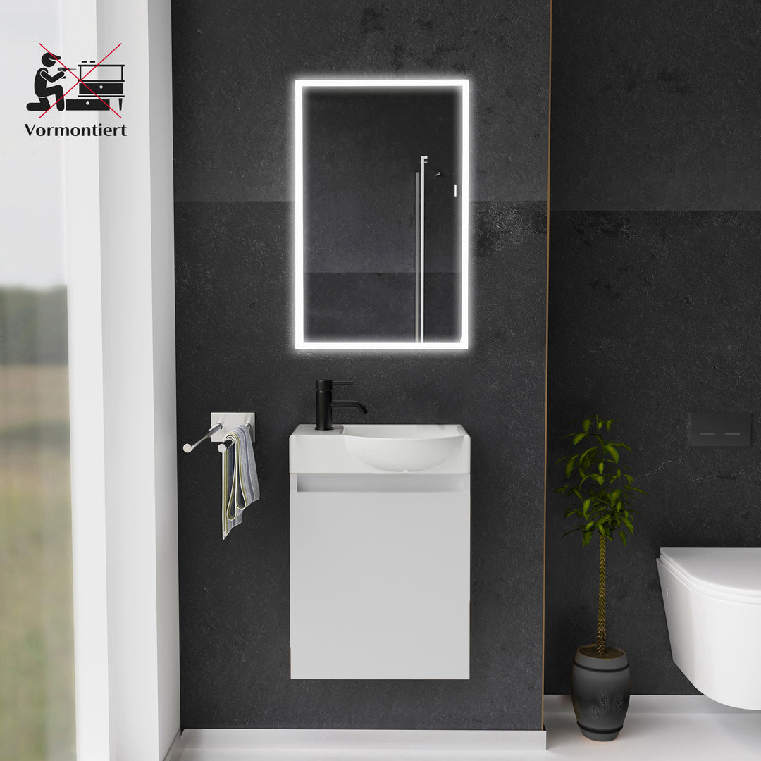 Alpenberger Keramik Waschbecken 45 cm mit Unterschrank | Badmöbel Set für Gäste WC | Rechts Weiss