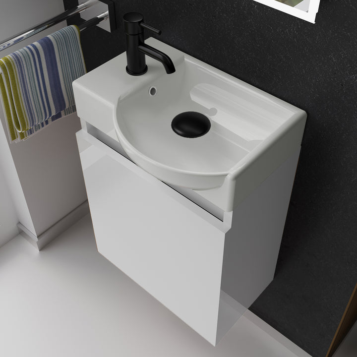 Alpenberger Keramik Waschbecken 45 cm mit Unterschrank | Badmöbel Set für Gäste WC | Rechts Weiss