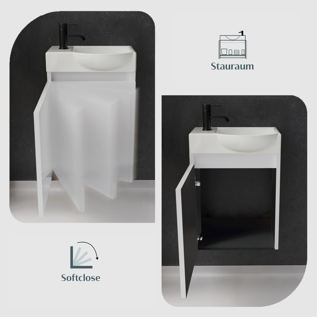 Alpenberger Keramik Waschbecken 45 cm mit Unterschrank | Badmöbel Set für Gäste WC | Rechts Weiss