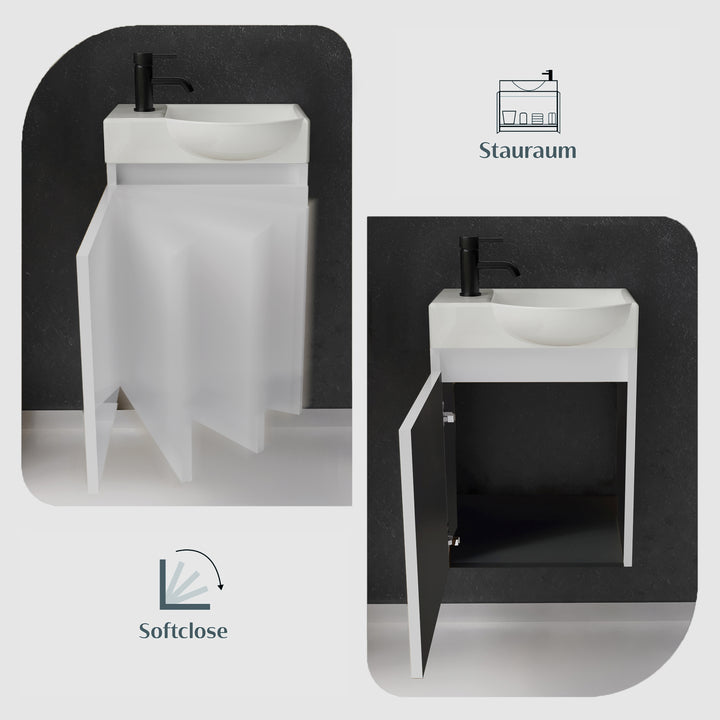 Alpenberger Keramik Waschbecken 45 cm mit Unterschrank | Badmöbel Set für Gäste WC | Rechts Weiss