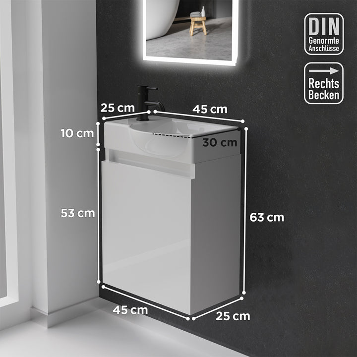 Alpenberger Keramik Waschbecken 45 cm mit Unterschrank | Badmöbel Set für Gäste WC | Rechts Weiss