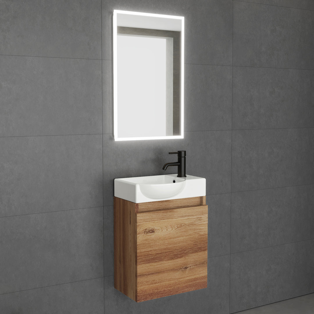 Alpenberger Keramik-Waschbecken Lugano-450 + Spiegel Viva 45 – Kompaktes Badmöbel-Set mit LED-Spiegel