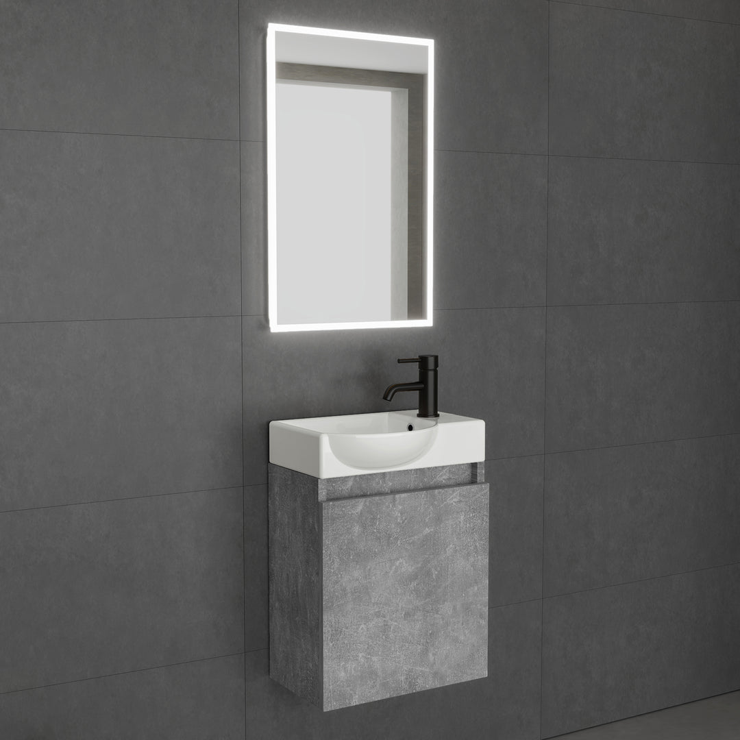 Alpenberger Keramik-Waschbecken Lugano-450 + Spiegel Viva 45 – Kompaktes Badmöbel-Set mit LED-Spiegel