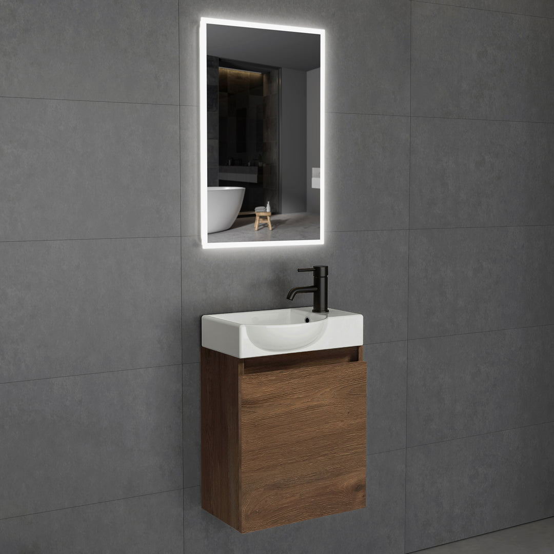 Alpenberger Keramik-Waschbecken Lugano-450 + Spiegel Viva 45 – Kompaktes Badmöbel-Set mit LED-Spiegel