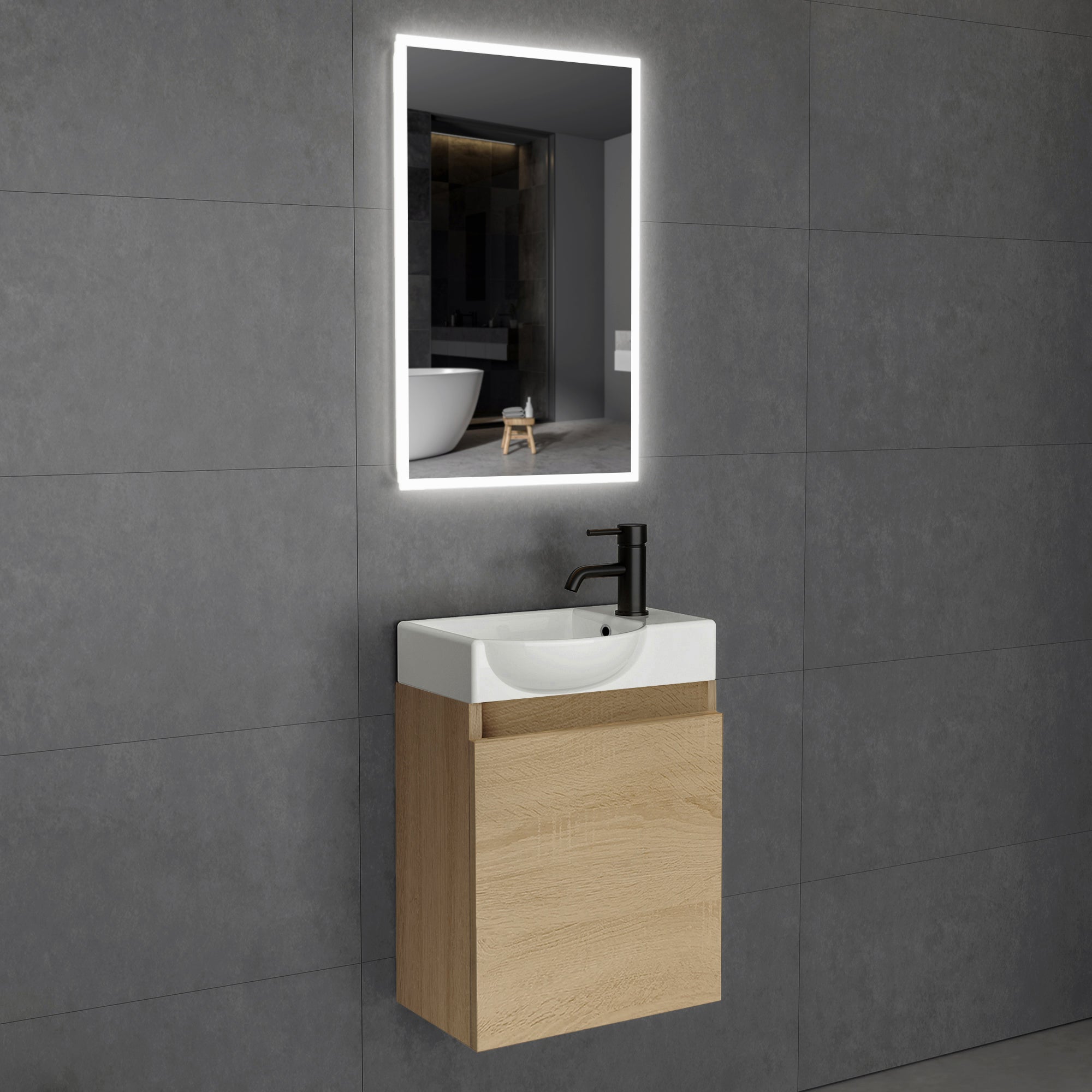 Waschtischunterschrank Lugano 450 mit Waschbecken & LED-Lichtspiegel Viva 45 | Links