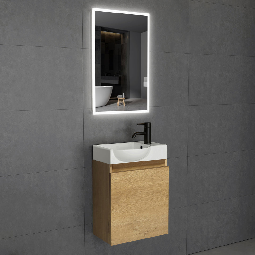 Alpenberger Keramik-Waschbecken Lugano-450 + Spiegel Viva 45 – Kompaktes Badmöbel-Set mit LED-Spiegel
