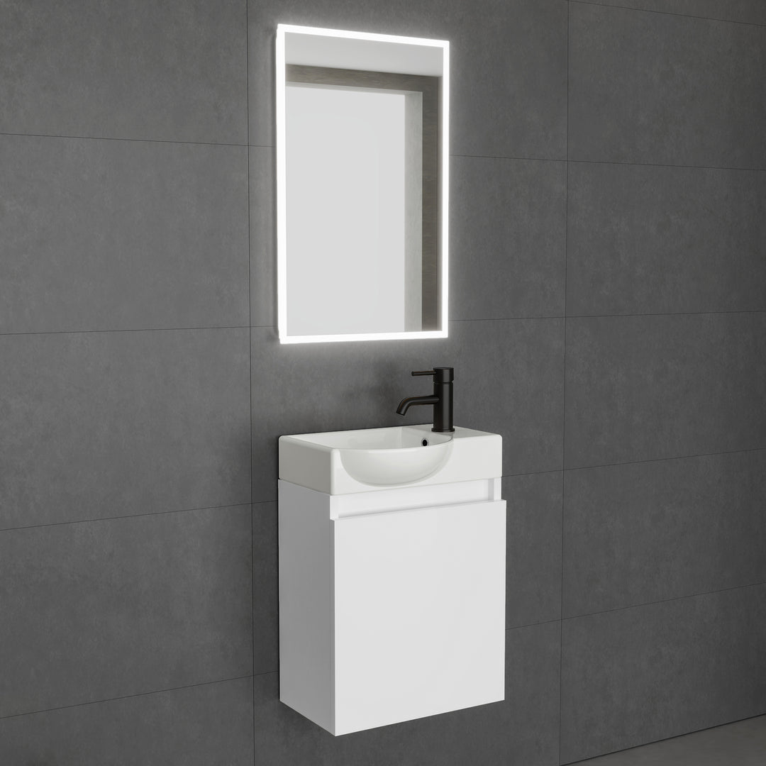 Alpenberger Keramik-Waschbecken Lugano-450 + Spiegel Viva 45 – Kompaktes Badmöbel-Set mit LED-Spiegel