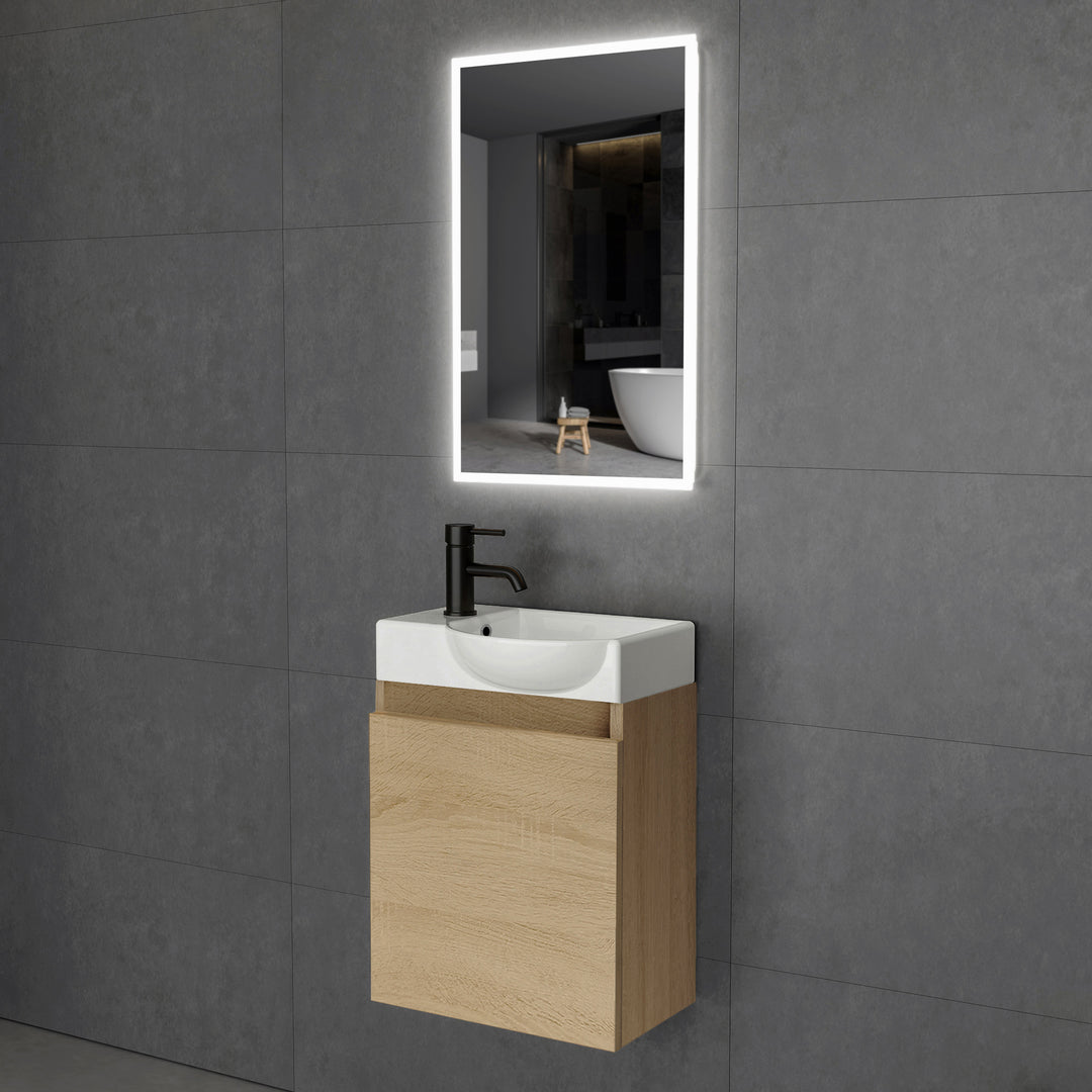 Alpenberger Keramik-Waschbecken Lugano-450 + Spiegel Viva 45 – Kompaktes Badmöbel-Set mit LED-Spiegel