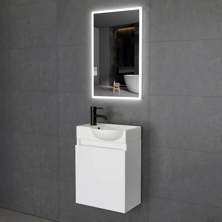 Alpenberger Keramik-Waschbecken Lugano-450 + Spiegel Viva 45 – Kompaktes Badmöbel-Set mit LED-Spiegel