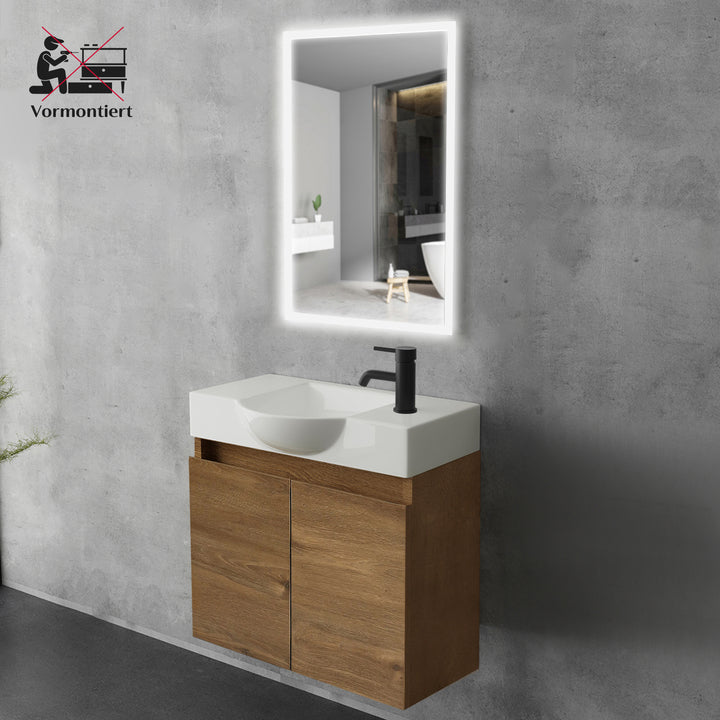 Alpenberger Badmöbel-Set 55 cm – Wandhängend mit Keramik-Waschbecken & Soft-Close - Eiche