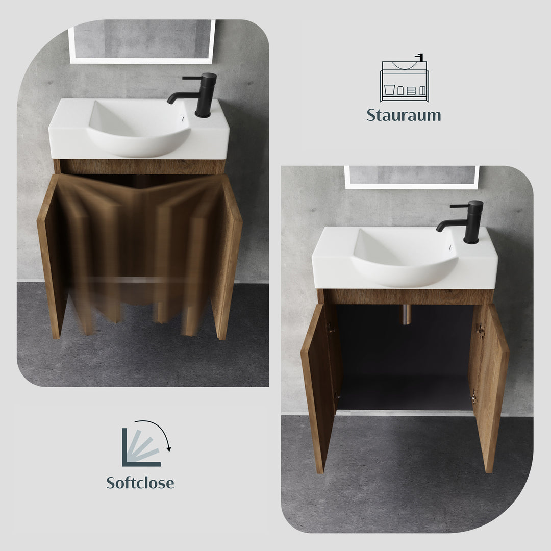 Alpenberger Badmöbel-Set 55 cm – Wandhängend mit Keramik-Waschbecken & Soft-Close - Eiche