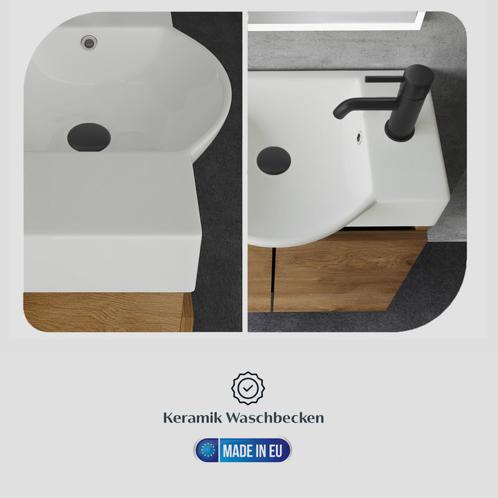 Alpenberger Badmöbel-Set 55 cm – Wandhängend mit Keramik-Waschbecken & Soft-Close - Eiche