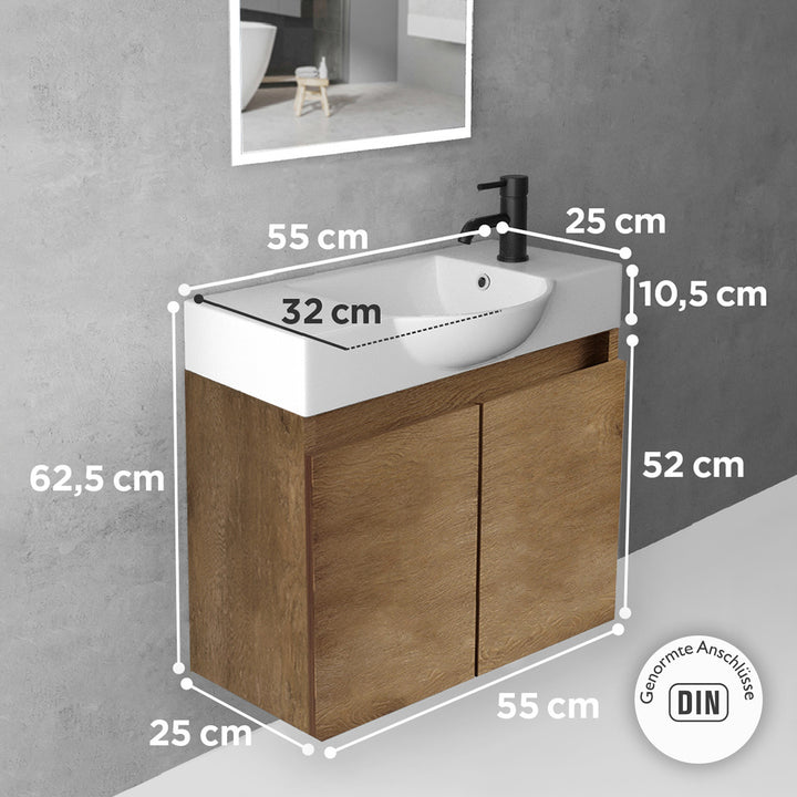 Alpenberger Badmöbel-Set 55 cm – Wandhängend mit Keramik-Waschbecken & Soft-Close - Eiche