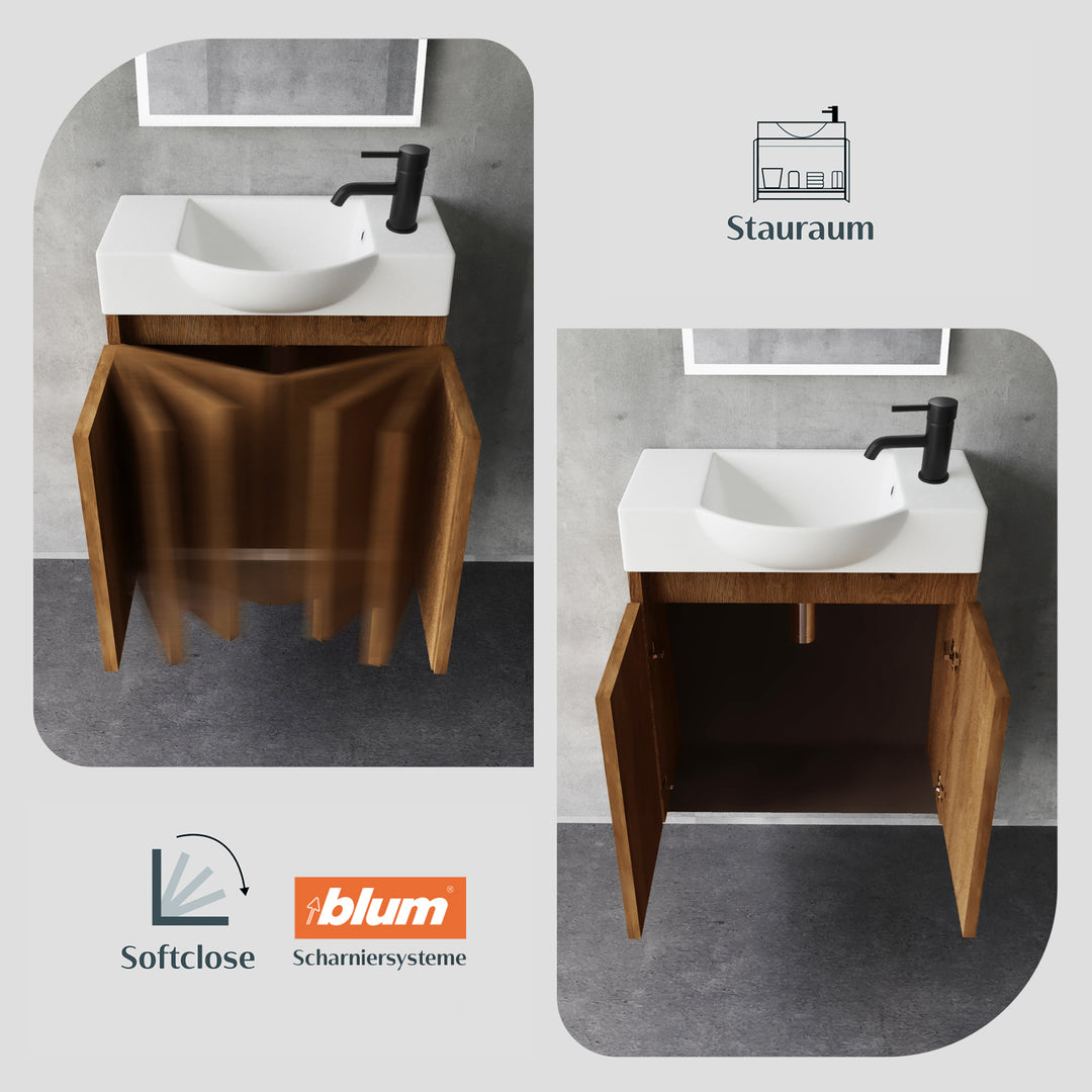 Alpenberger Badmöbel-Set 55 cm – Wandhängend mit Keramik-Waschbecken & Soft-Close - Bamboo