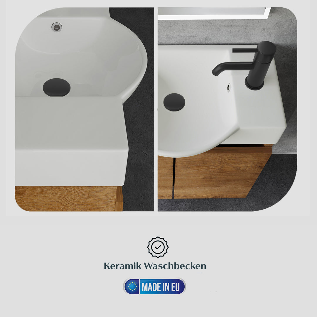 Alpenberger Badmöbel-Set 55 cm – Wandhängend mit Keramik-Waschbecken & Soft-Close - Bamboo