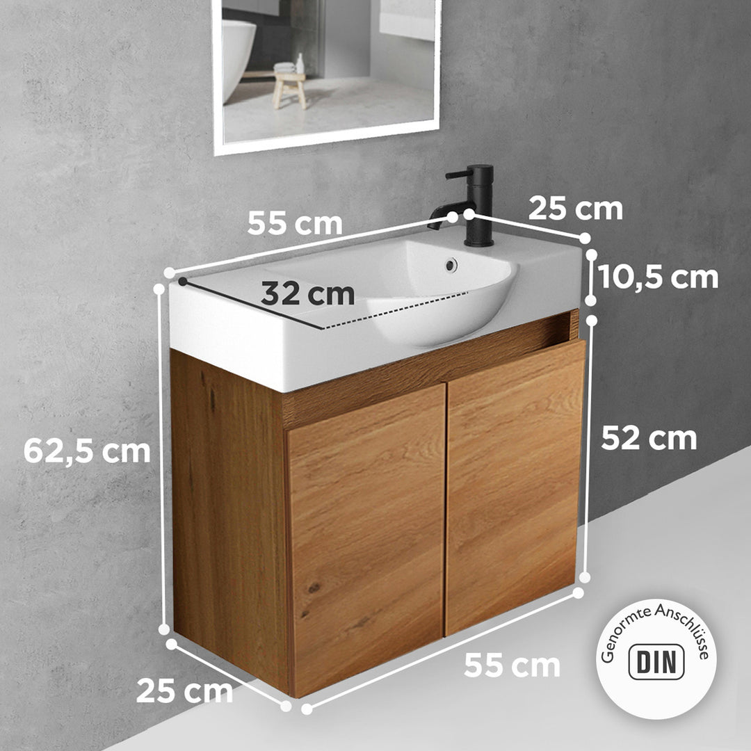 Alpenberger Badmöbel-Set 55 cm – Wandhängend mit Keramik-Waschbecken & Soft-Close - Bamboo