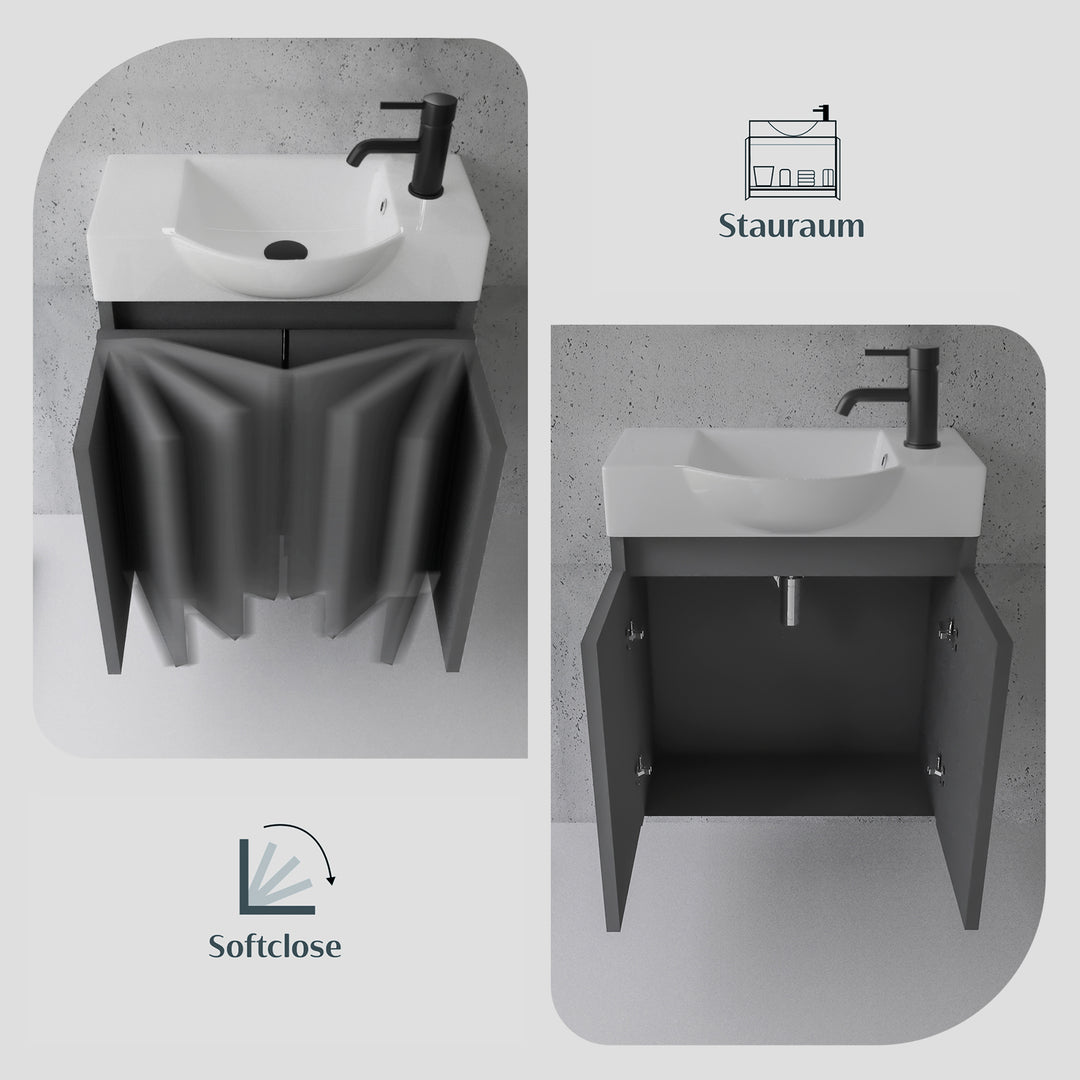 Alpenberger Badmöbel-Set 55 cm – Wandhängend mit Keramik-Waschbecken & Soft-Close - Anthrazit Matt