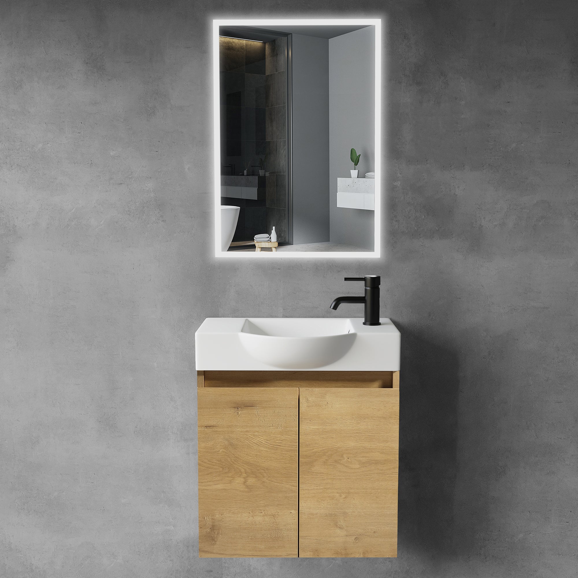 Waschtischunterschrank Lugano 550 mit Waschbecken & LED-Lichtspiegel Viva 45