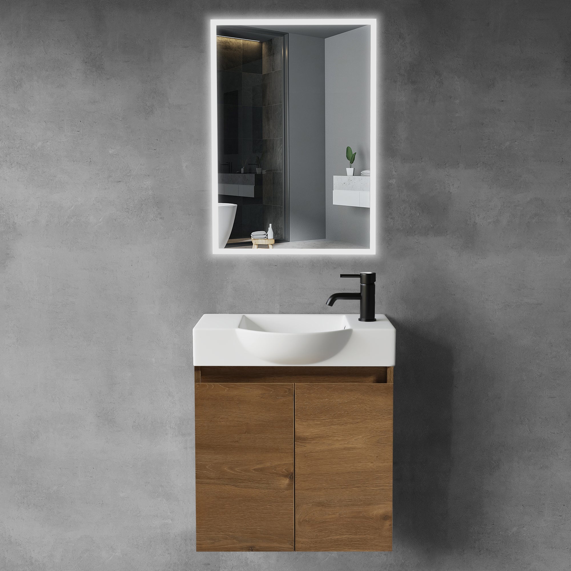 Waschtischunterschrank Lugano 550 mit Waschbecken & LED-Lichtspiegel Viva 45