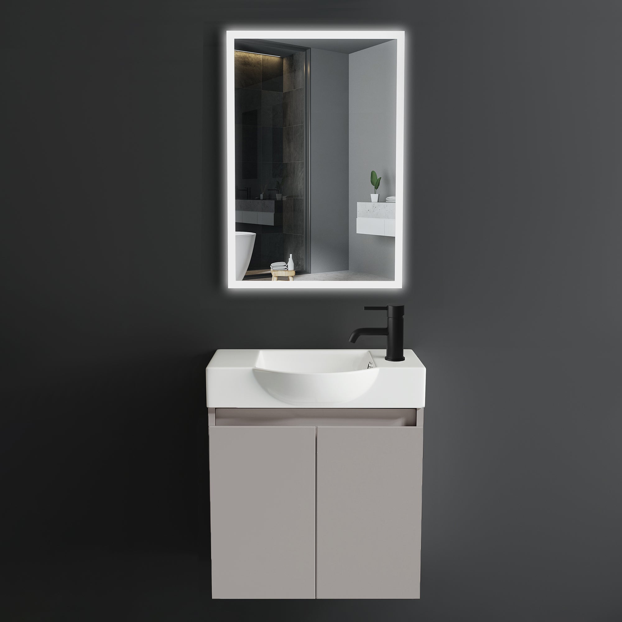 Waschtischunterschrank Lugano 550 mit Waschbecken & LED-Lichtspiegel Viva 45