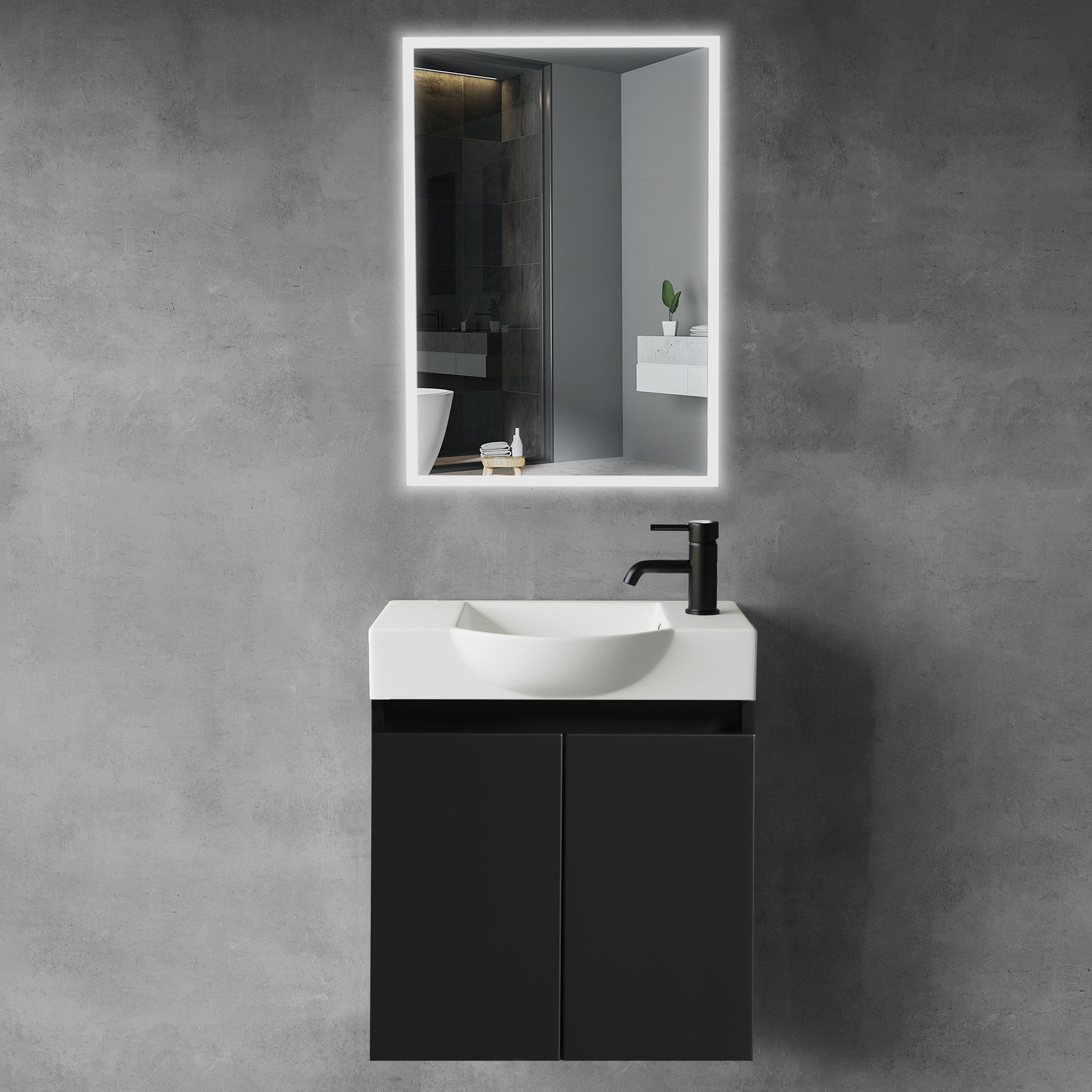 Waschtischunterschrank Lugano 550 mit Waschbecken & LED-Lichtspiegel Viva 45