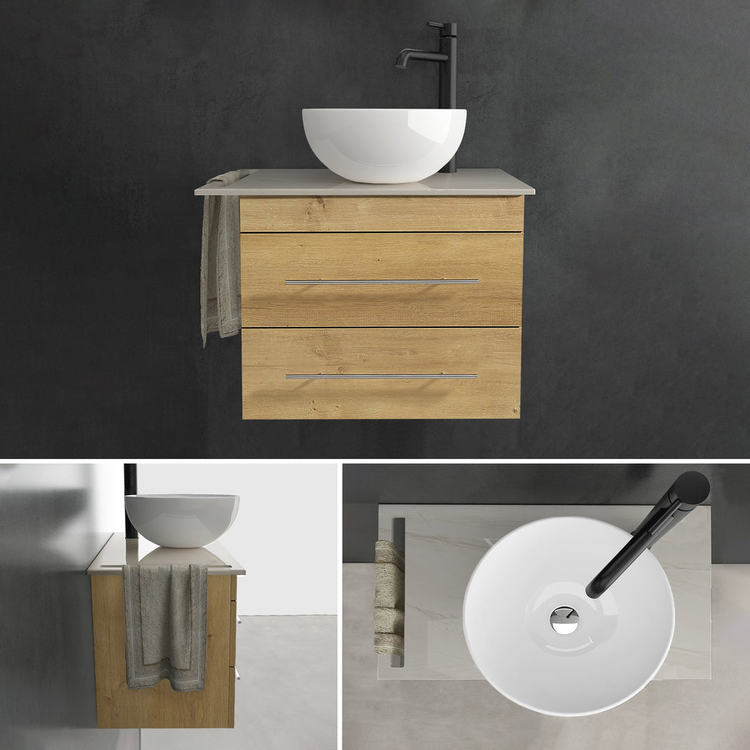 Alpenberger Badmöbel Set 60 cm mit Aufsatzwaschbecken – Eiche Natur – Keramikplatte