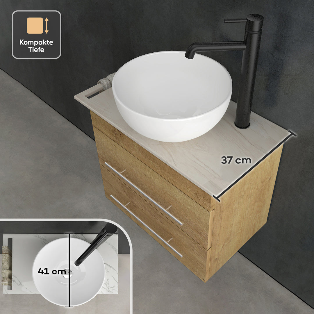 Alpenberger Badmöbel Set 60 cm mit Aufsatzwaschbecken – Eiche Natur – Keramikplatte