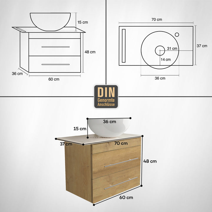 Alpenberger Badmöbel Set 60 cm mit Aufsatzwaschbecken – Eiche Natur – Keramikplatte