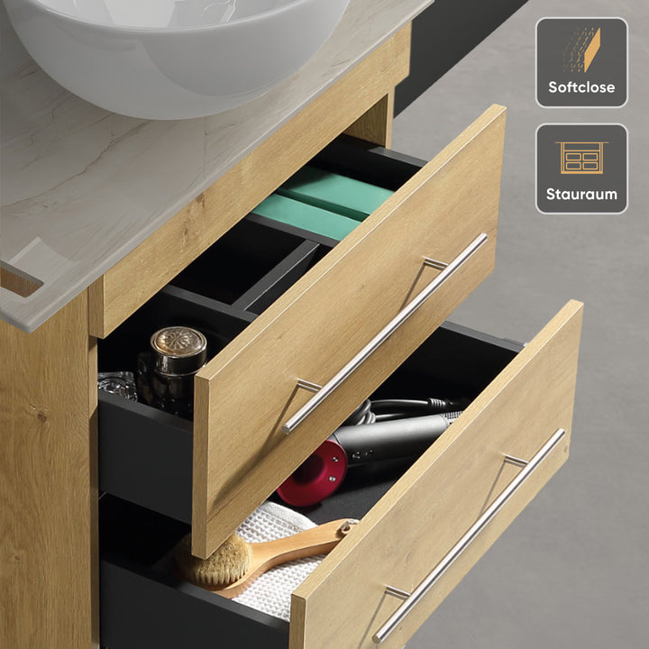 Alpenberger Badmöbel Set 60 cm mit Aufsatzwaschbecken – Eiche Natur – Keramikplatte